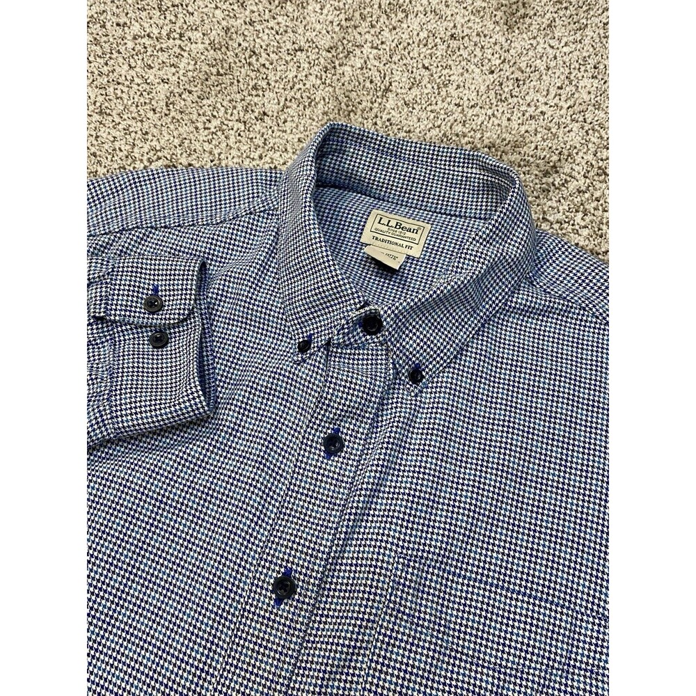 LL Bean Houndstooth Button Down Shirt Mens 2XL Trad Fit Blue Cotton Flannel